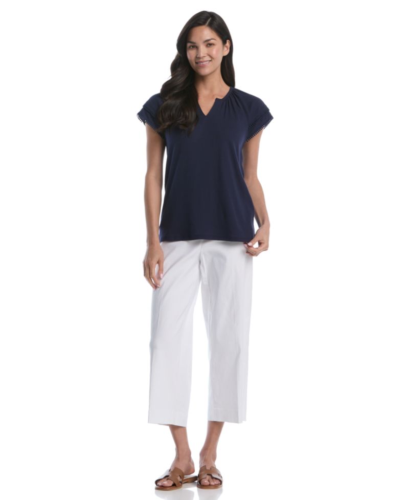 Petite Eyelet Flutter-Sleeve Split Neck Short-Sleeve Top
