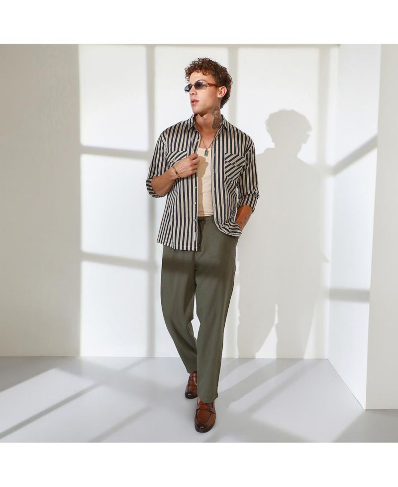 Men's Navy Blue & Khaki Beige Candy Striped Oversized Shirt