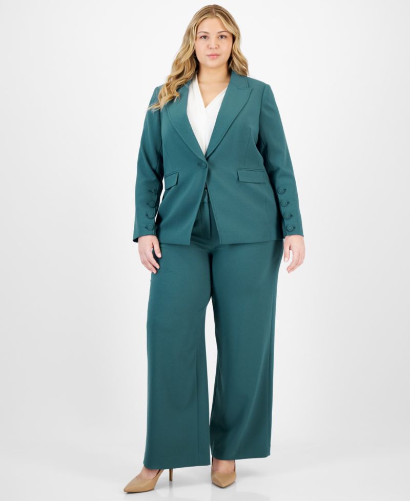 Plus Size Long-Sleeve One-Button Blazer, Sailor Tie-Neck Blouse & Mid-Rise Wide-Leg Pants