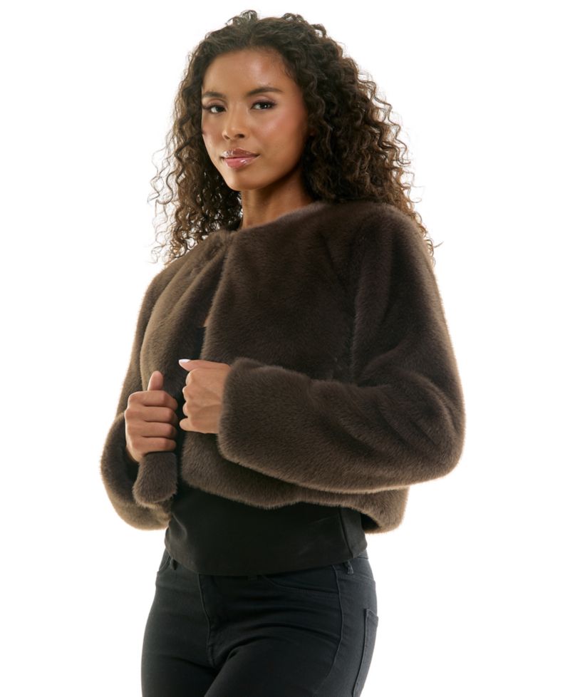 Juniors' Faux Fur Long-Sleeve Cropped Jacket