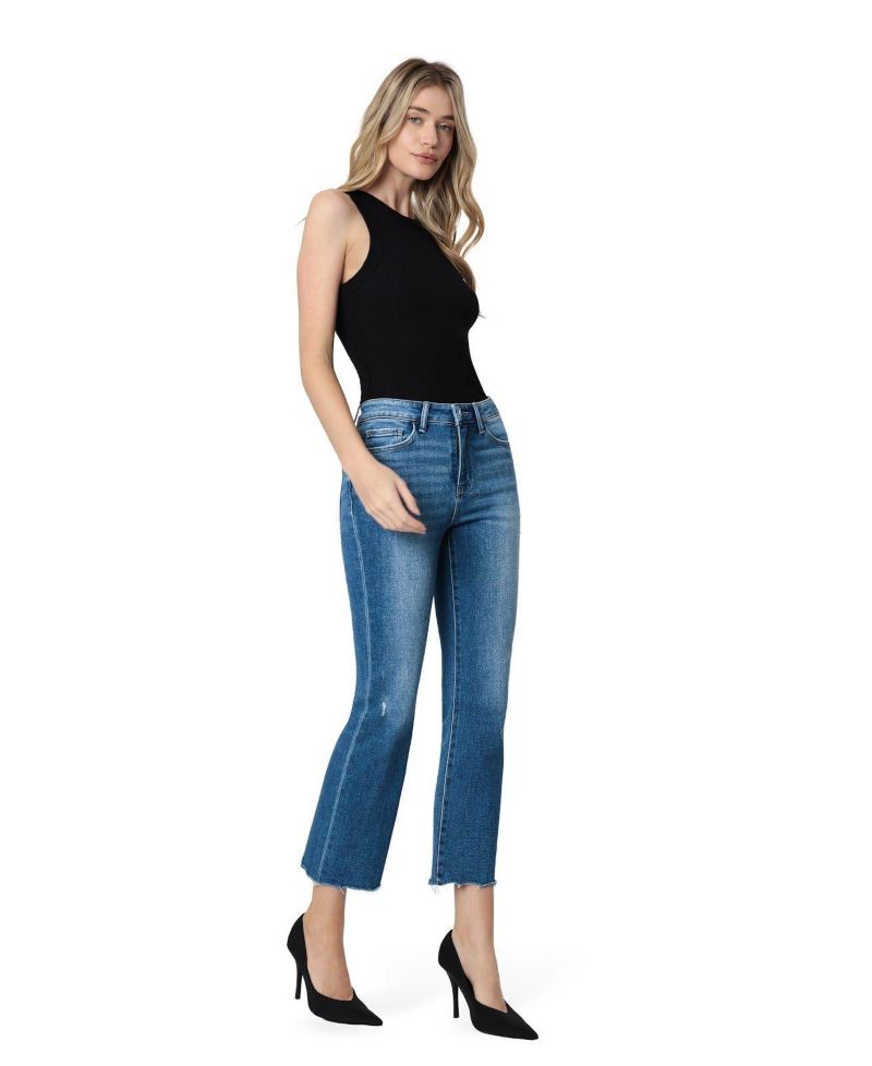Women's High Rise Raw Distressed Hem Kick Flare Jeans