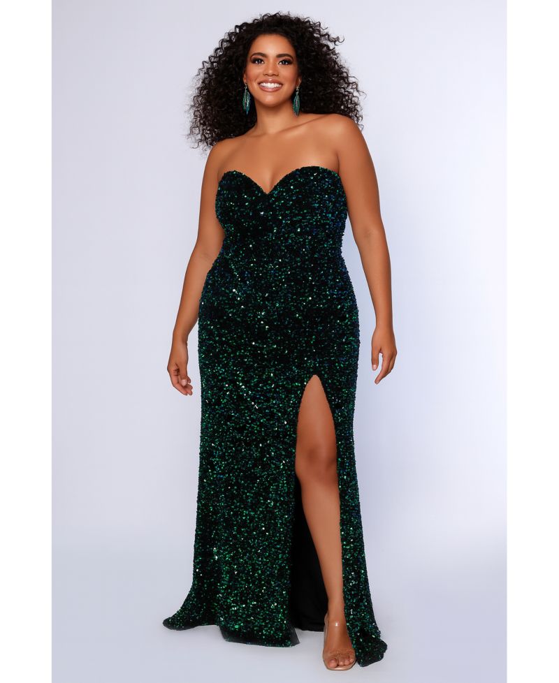 Women's Strapless Peacock Sequin Velvet Fitted Formal Dress with Slit