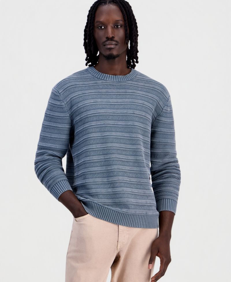 Men's Acid-Washed Textured Stripe Long-Sleeve Sweater