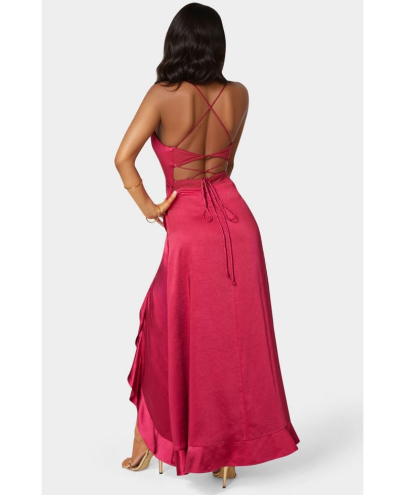 Women's Satin Ruffle Maxi Lace Up Back
