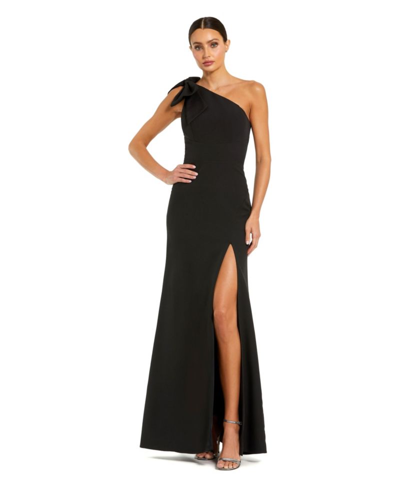 Petite Crepe One Shoulder Gown With Bow