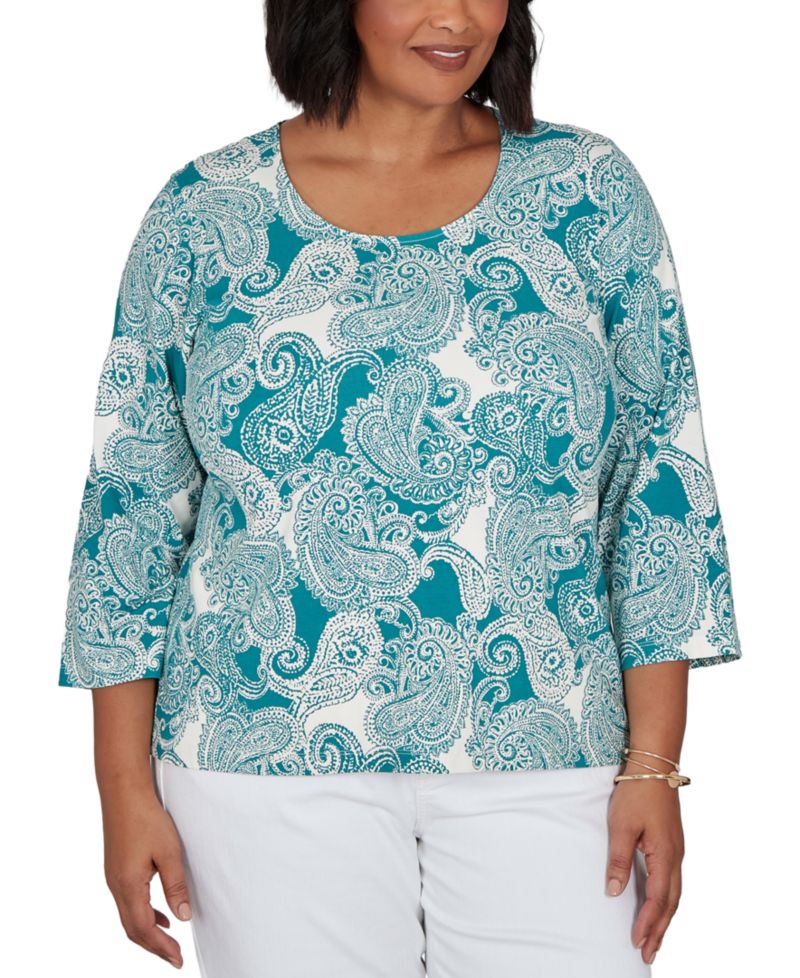 Plus Size Stamped Paisley 3/4-Sleeve Scoop Neck T-Shirt