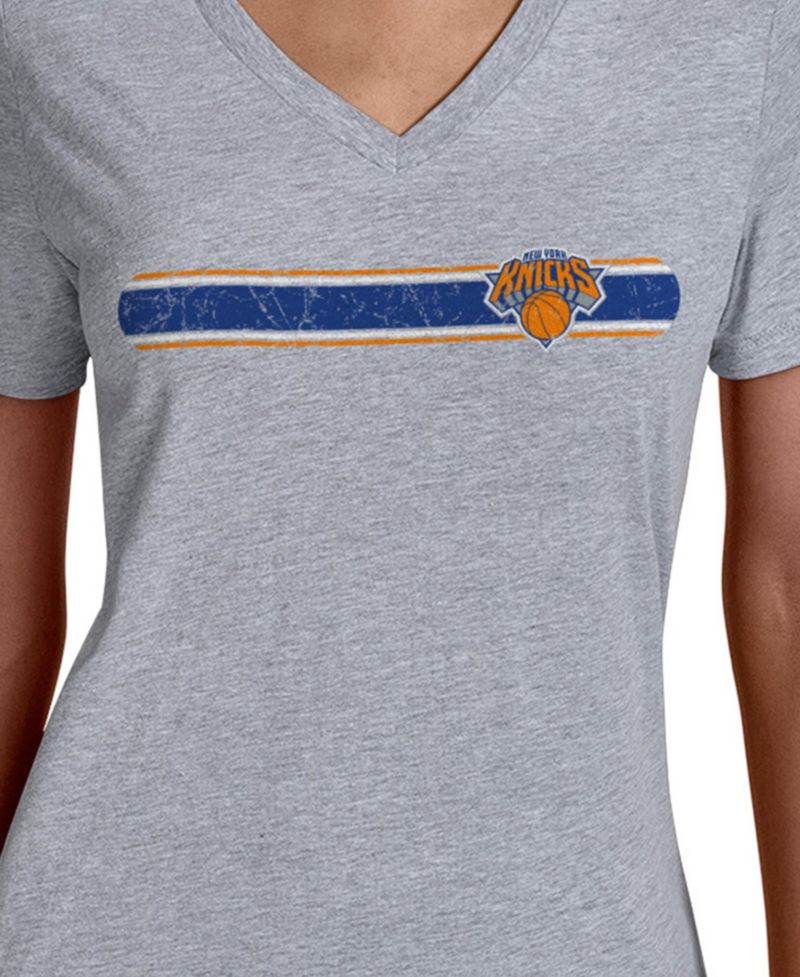Women's Gray New York Knicks Team Stripe V-Neck T-Shirt