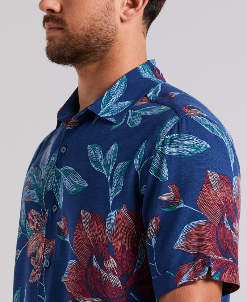 Men's Short-Sleeve Pointilism Floral Print Shirt