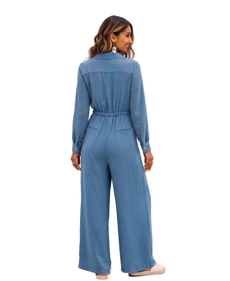 Women's Long-Sleeve Wide-Leg Collared Jumpsuit