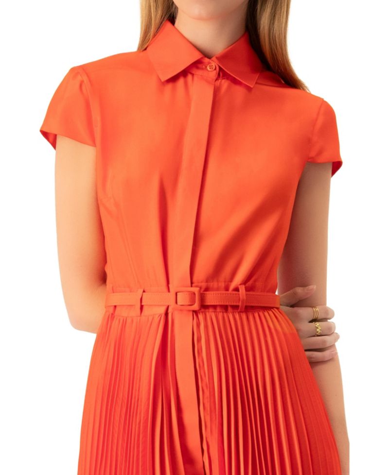 Women's Short Sleeve Shirt Style Pleated Maxi-Dress