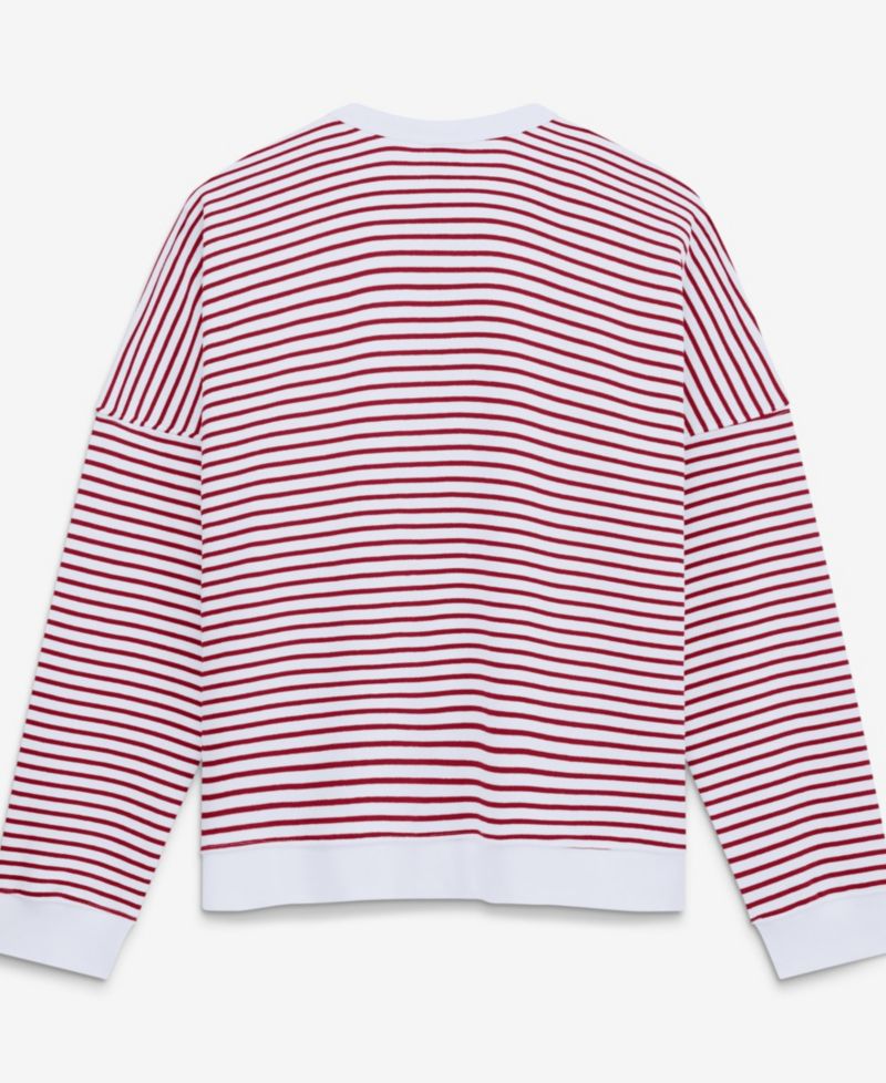 Women's White/Scarlet San Francisco 49ers Striped Oversized French Terry Sweatshirt