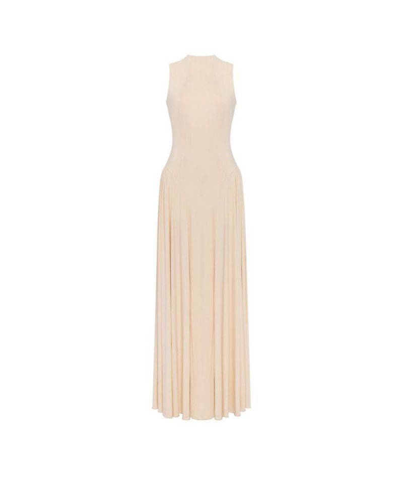 Womens Nude Sleeveless Mock Neck Dress with a Pleated Maxi Skirt