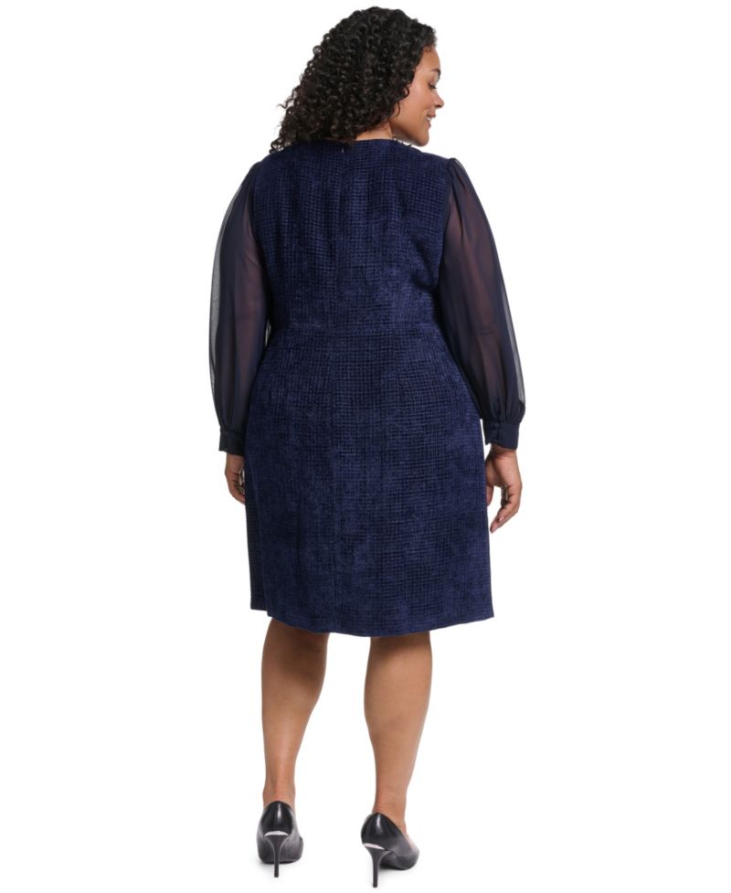 Petite Crewneck Sheer Long-Sleeve Knee-Length Dress