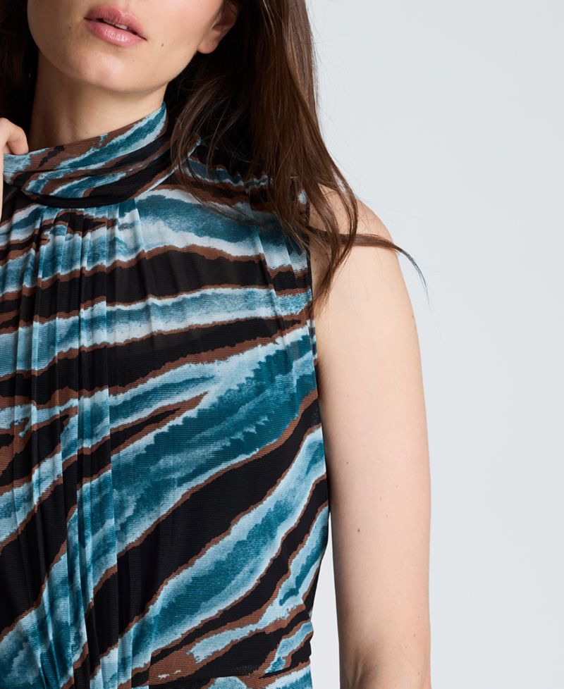Women's Front-Pleated Mock Neck Mesh Sleeveless Top