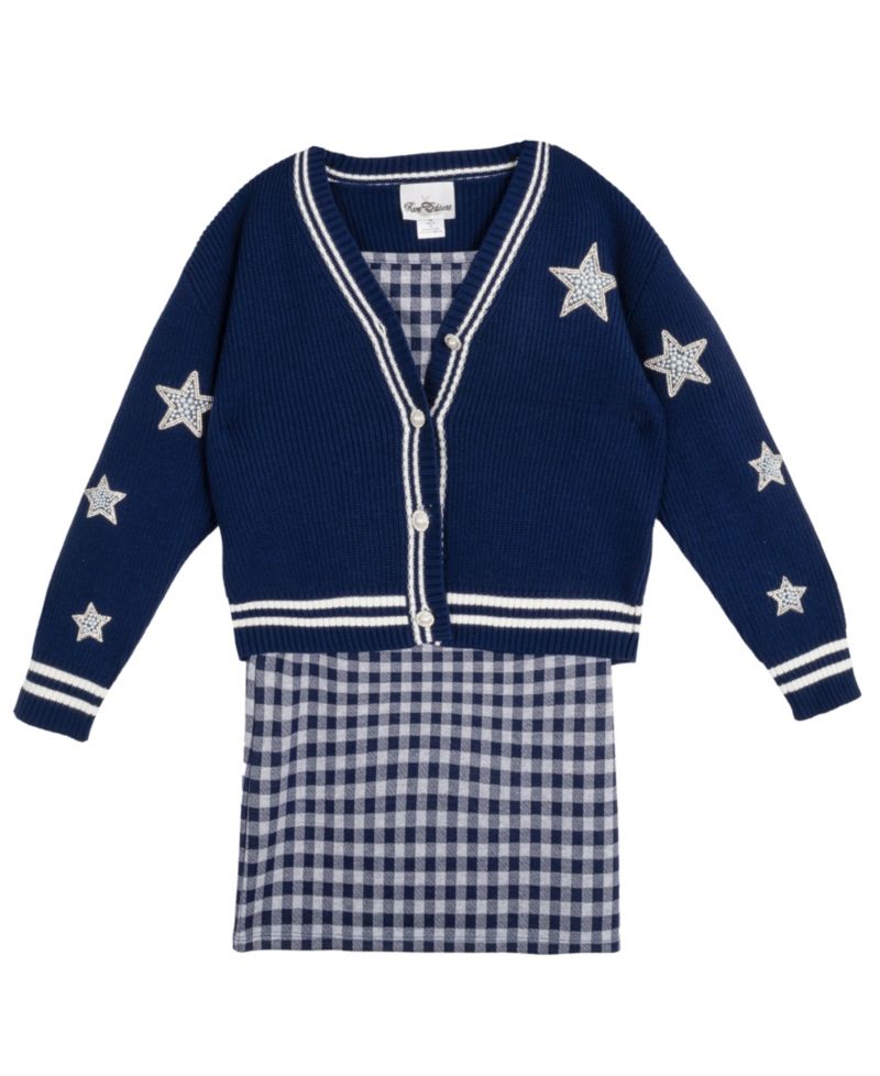 Girls' 7-16 Varsity Cardigan with Gingham Dress, 2-Piece Set