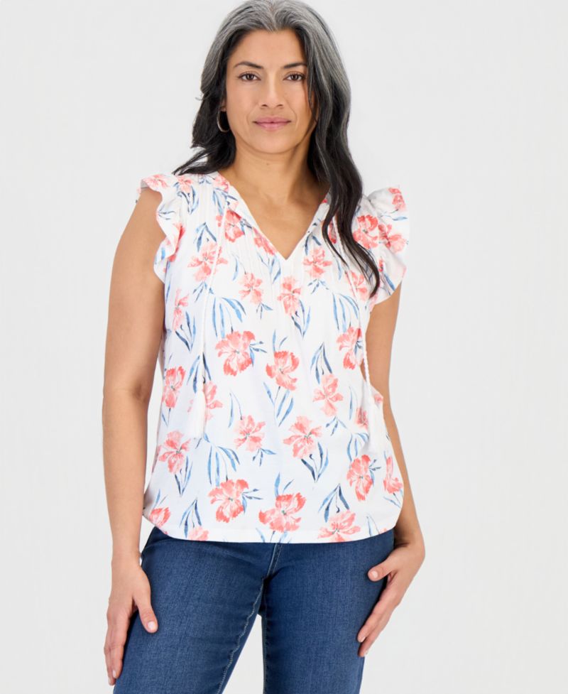 Petite Tie-Neck Pintuck-Front Ruffled Top