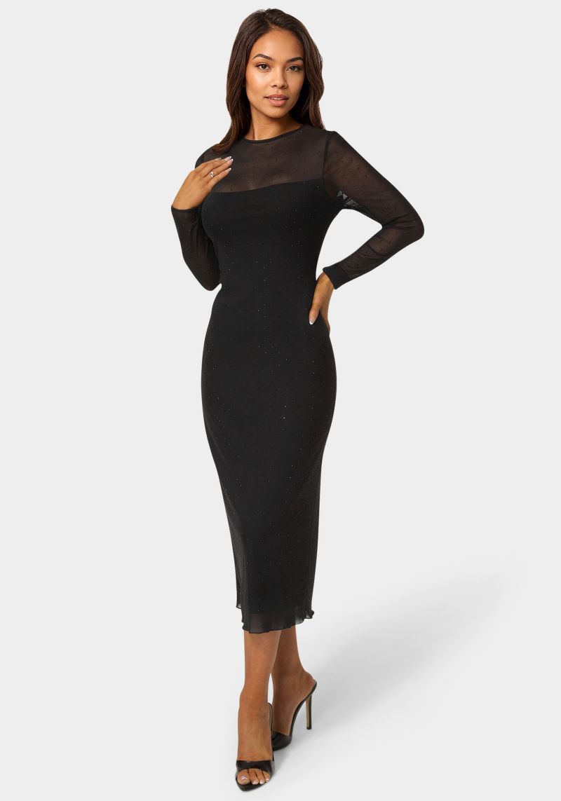 Women's Rhinestone Mesh Long Sleeve Maxi Dress