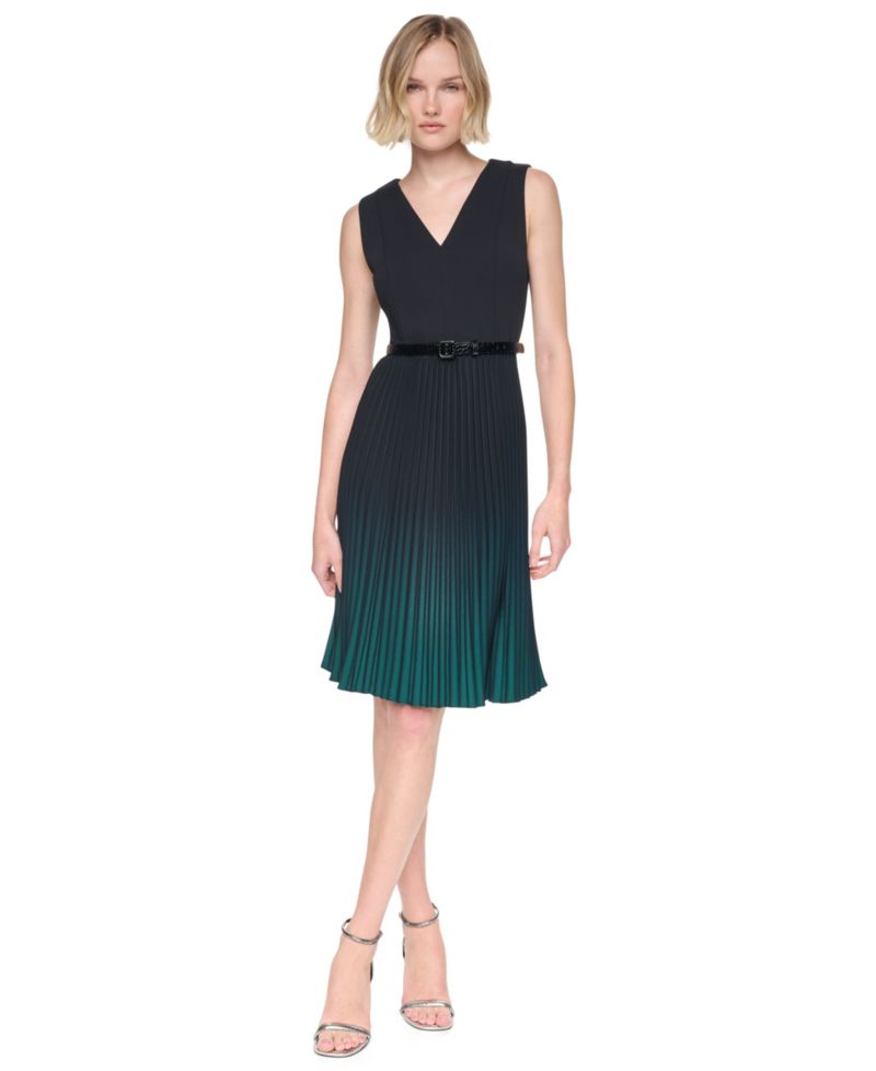Women's Belted Ombre Pleat V-Neck Dress