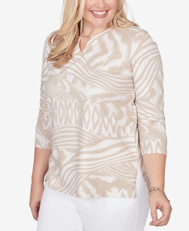 Petite Natural Wonder Animal Print Split Neck Beaded Top