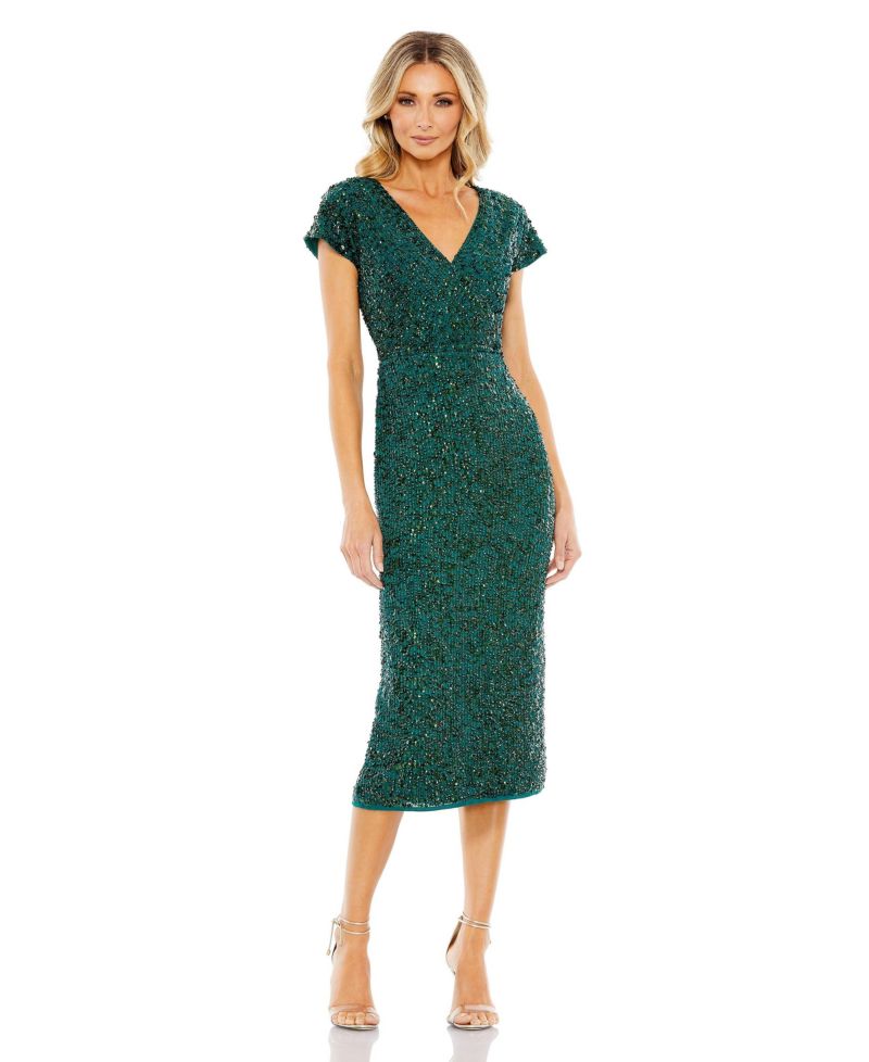 Women's Sequined Short Sleeve Wrap Over Cocktail Dress