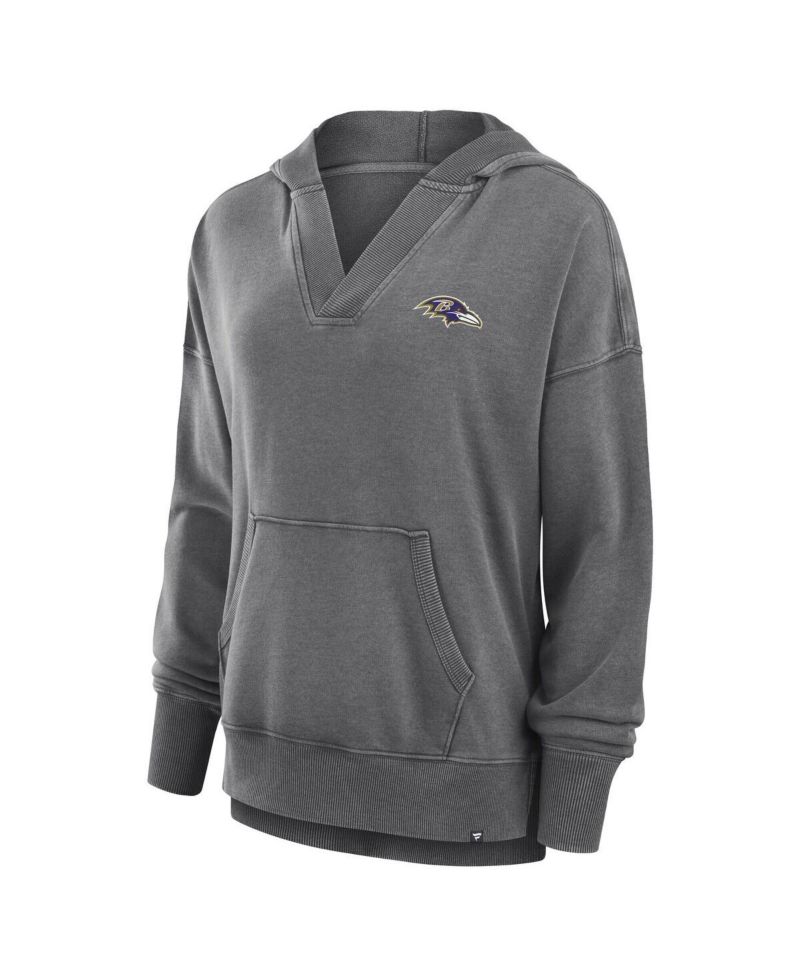 Women's Heather Charcoal Baltimore Ravens Initiative Snow Wash French Terry V-Neck Pullover Hoodie