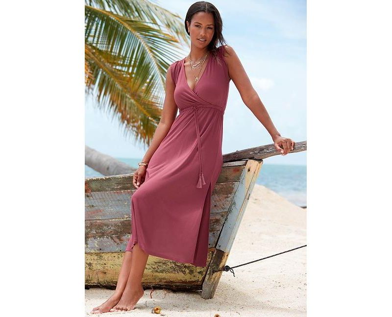 Women's Viscose Printed Side Slit A-Line V-Neck Elastic-Waist Maxi Dress