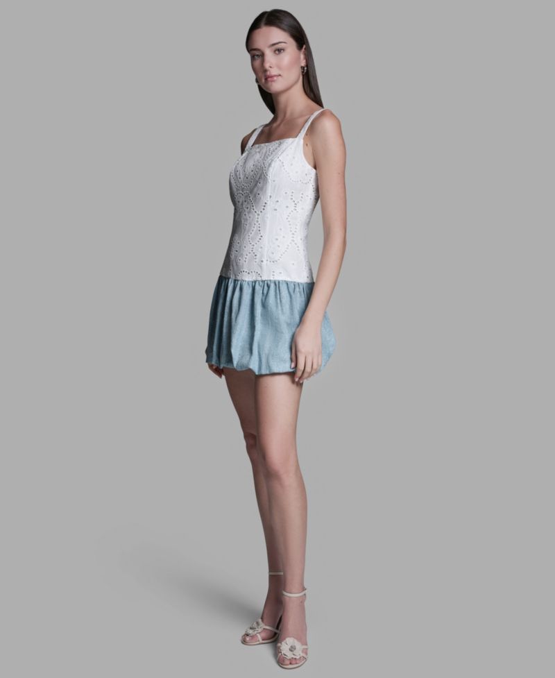 Women's Eyelet Detail Sleeveless Square Neck Bubble Hem Mini Dress