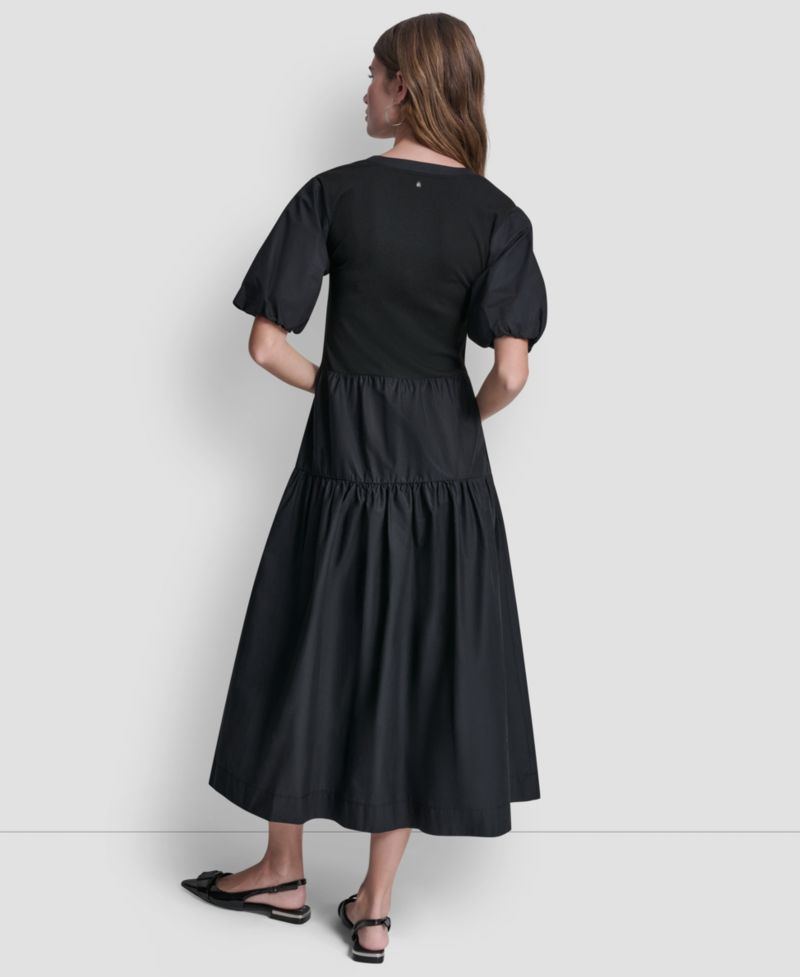 Women's Rib Henley Puff-Sleeve Midi Dress