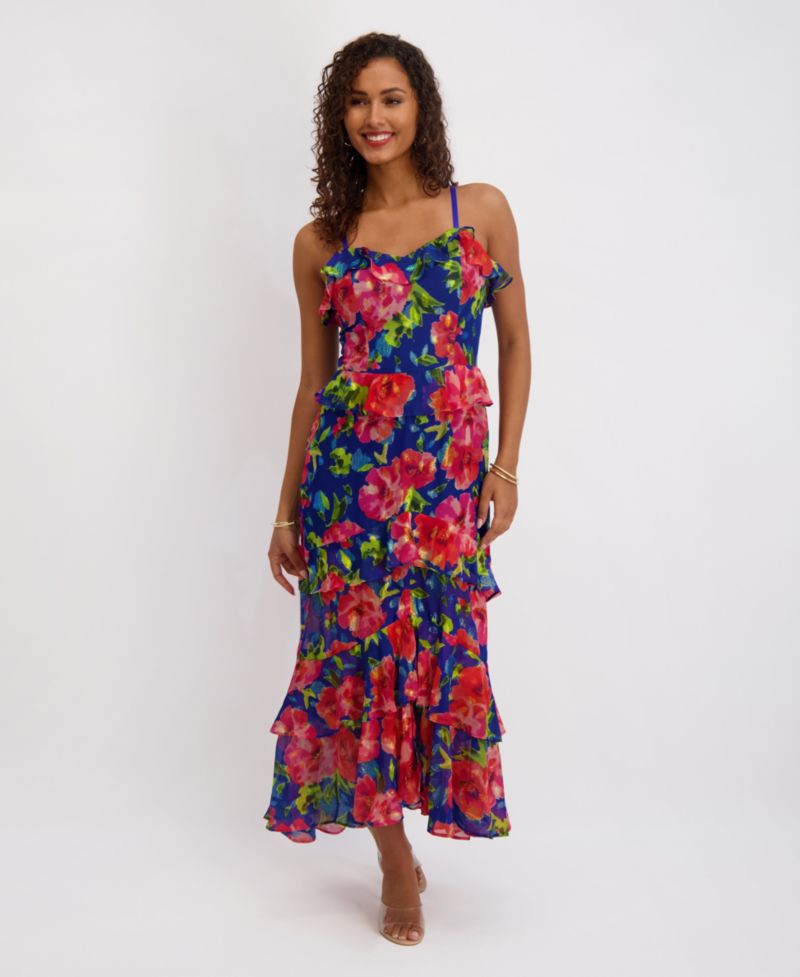 Women's Printed Sweetheart Neck Ruffle Detail Maxi Dress