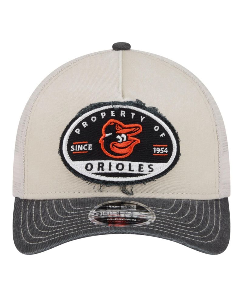 Men's Light Beige/Black Baltimore Orioles Frayed M-Crown A-Frame 9FORTY Trucker Adjustable Hat