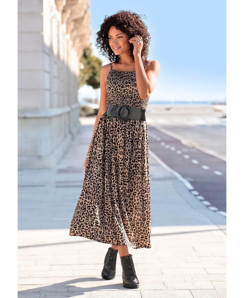 Women's Viscose Animal Print Smocked Square-Neck Midi Dress