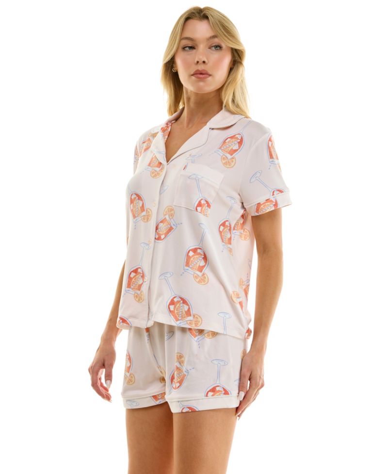 Women's Short-Sleeve Notch Collar Top and Shorts, 2-Piece Set