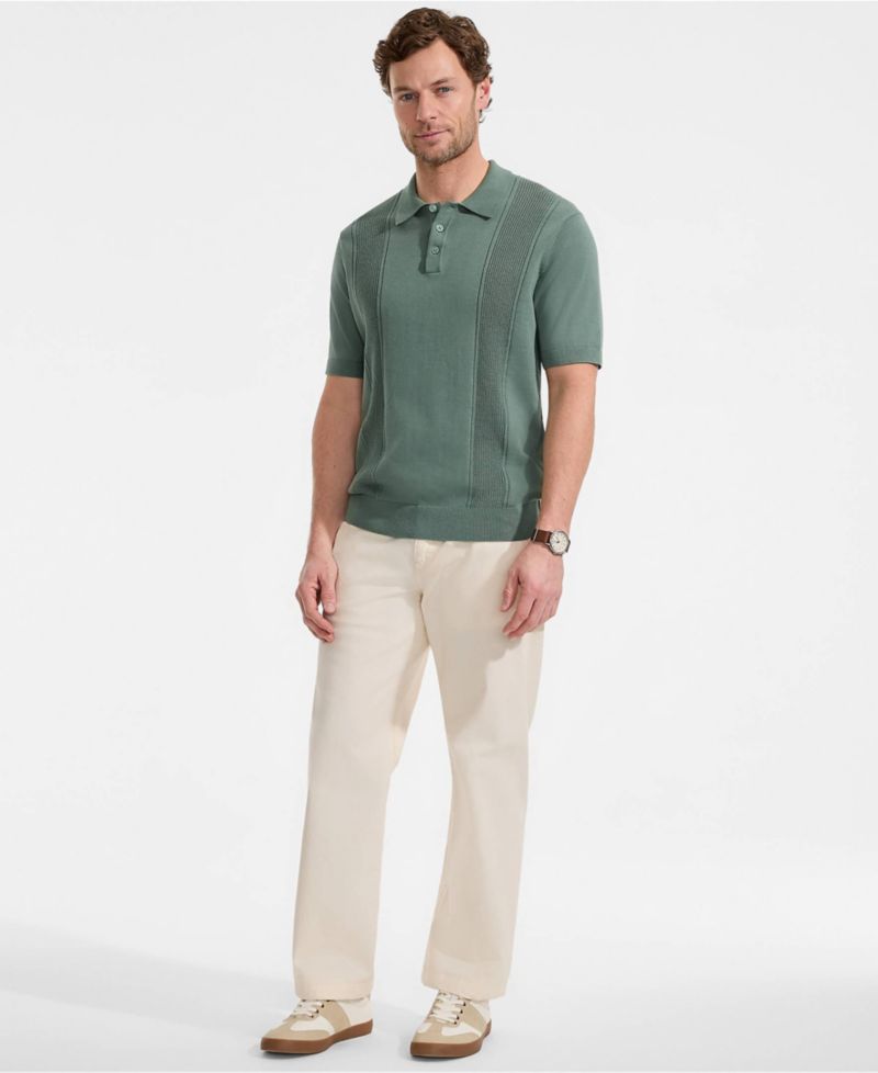 Men's Short Sleeve Vertical Rib Button Down Sweater Polo