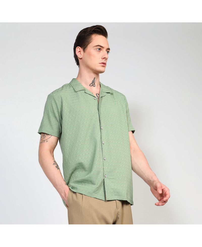 Men's Pistachio Green Embroidered Creased Shirt
