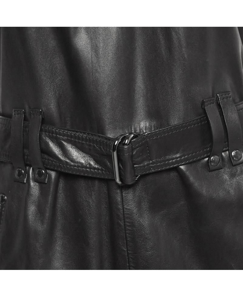 Women's Leather V-Neck Belted Mini Dress
