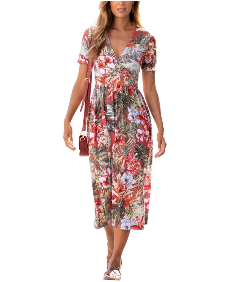 Women's Printed Everyday Comfort Wrap V-Neck Midi Dress