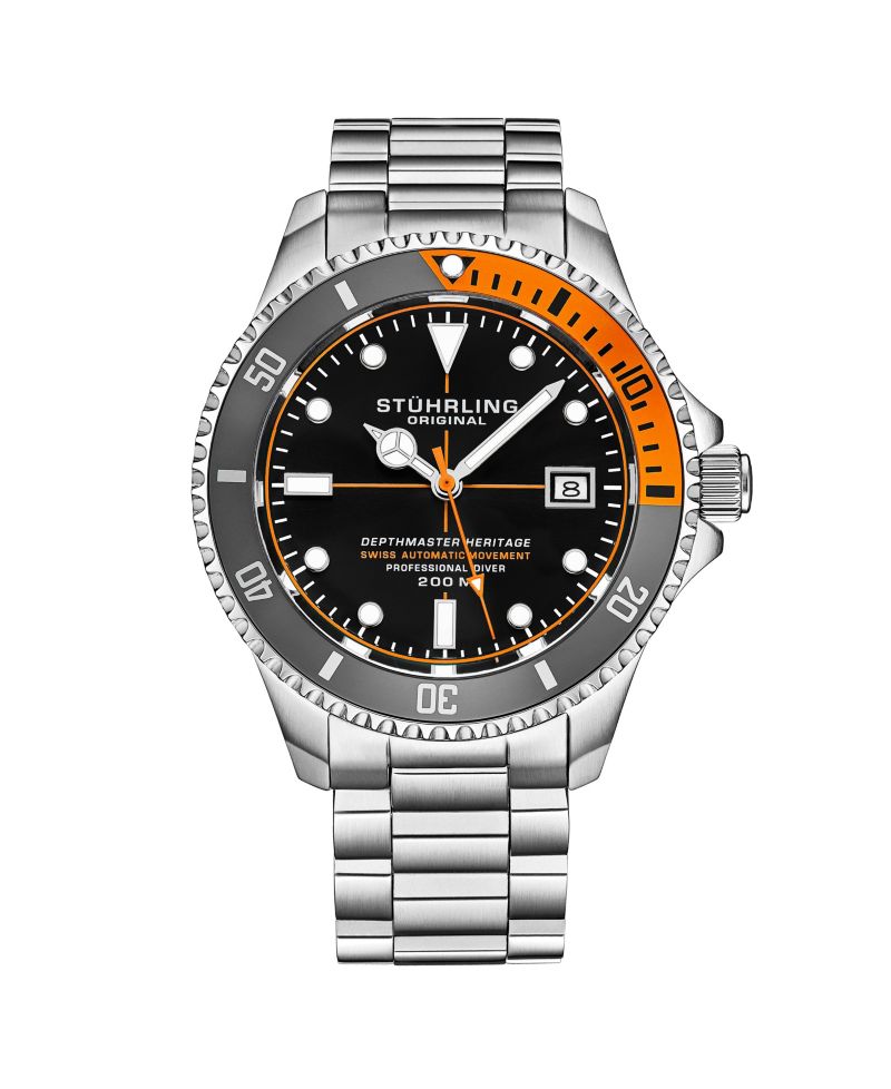 Men s Depthmaster Heritage 42mm Swiss Automatic Diver Watch, Black Dial, Orange Bezel, Stainless Steel Bracelet, 200M WR