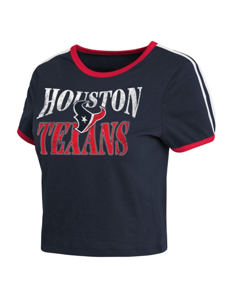 Women's Navy Houston Texans Cropped Throwback Ringer Baby T-Shirt