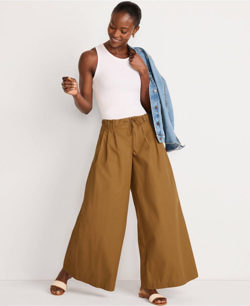 Petite Poplin Mid Rise Pleated Slouchy Pants