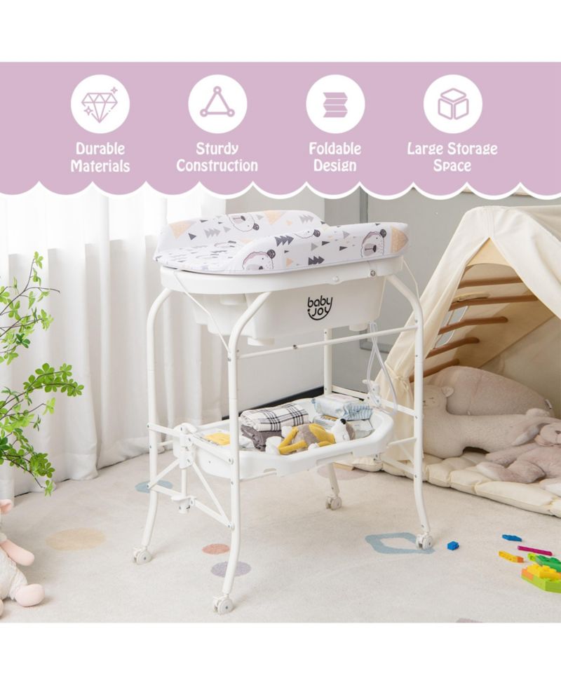 Baby Changing Table with Bathtub, Folding Diaper Station with Wheels