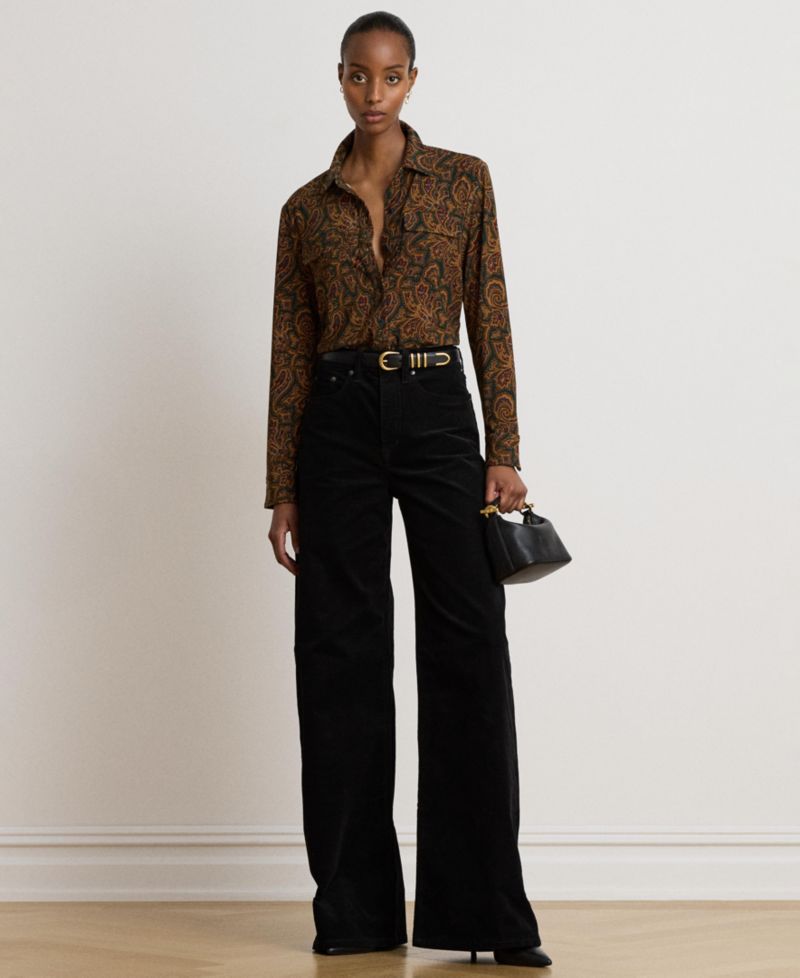 Women's Paisley Stretch Jersey Shirt Long-Sleeve Button-Up Blouse
