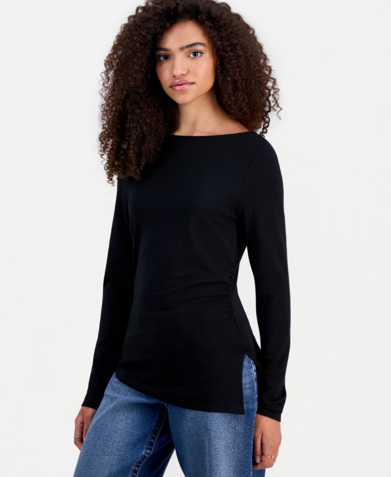 Juniors' Ruched Boat Neck Long Sleeve Top