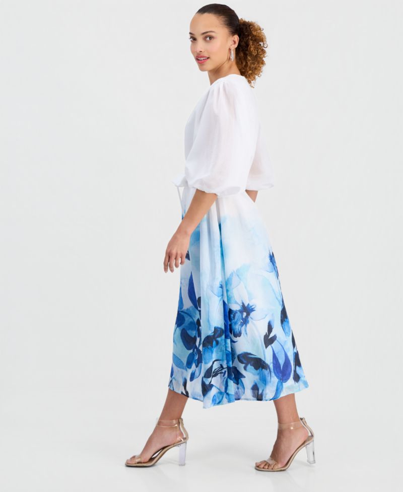 Petite V-Neck Puff-Sleeve Dress