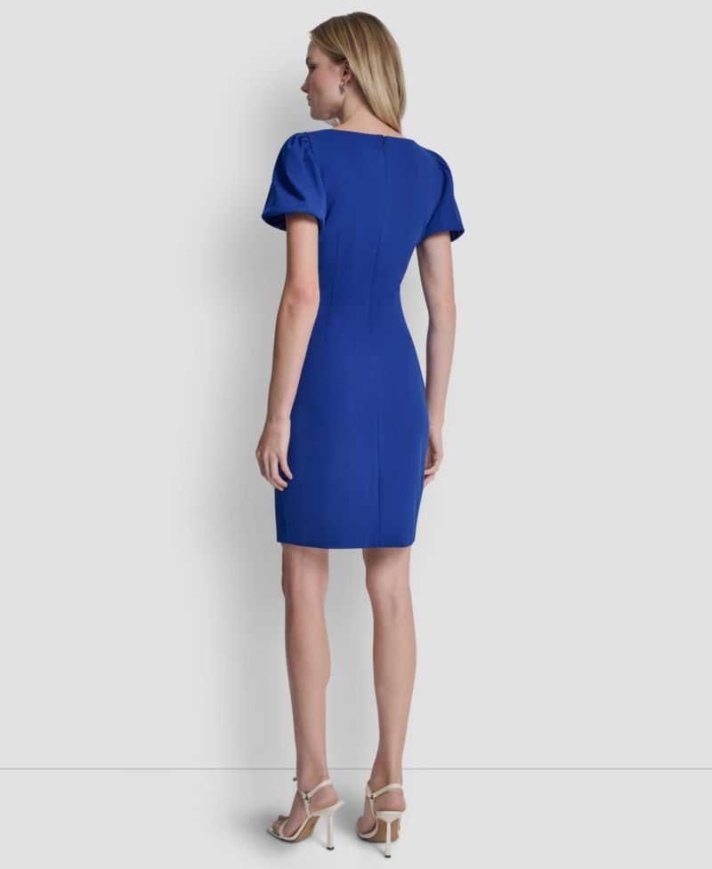 Women's Bubble-Sleeve Scuba Crepe Ruched Sheath Dress