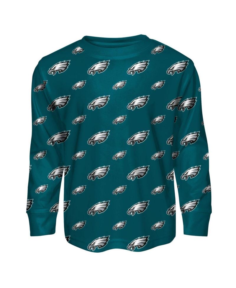 Big Boys and Girls 2-Piece Midnight Green Philadelphia Eagles All-Over-Print Long Sleeve T-Shirt and Pants Sleep Set