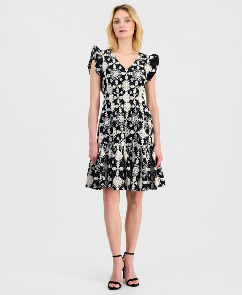 Petite V-Neck Ruffle-Sleeve Embroidered Short Dress