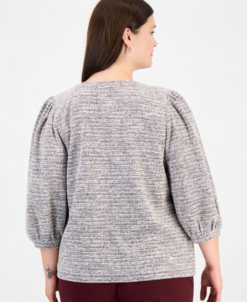 Plus Size Crew Neck 3/4-Length Balloon Sleeves Textured Knit Sweater