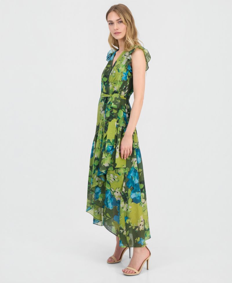 Women's Floral-Print Chiffon Tie-Waist Midi Dress