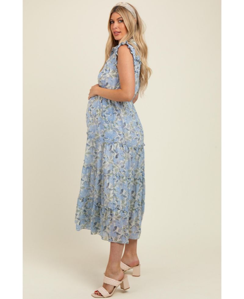 Women's Blue Floral Print Frilled Pocketed Midi Dress