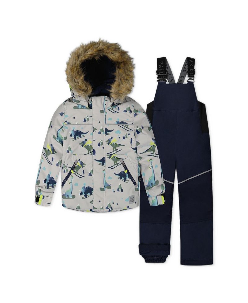 Little Boys 6-8 Two Piece Discover Snowsuit Grey Skiing Dinosaur Print